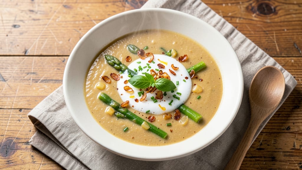 Asparagus Bisque Soup Recipe: Silky Green Velouté With Nutty Toasted Crunch