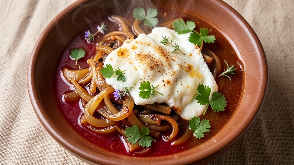 5 Onion Soup Recipe: Gruyère Fondue Crunch Over Silky Herb Broth