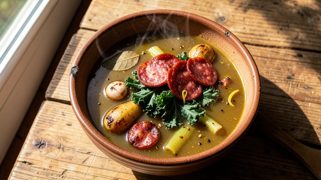 Authentic Portuguese Soup Recipe: Crispy Celery Crowns Over Smoky Chorizo Velouté