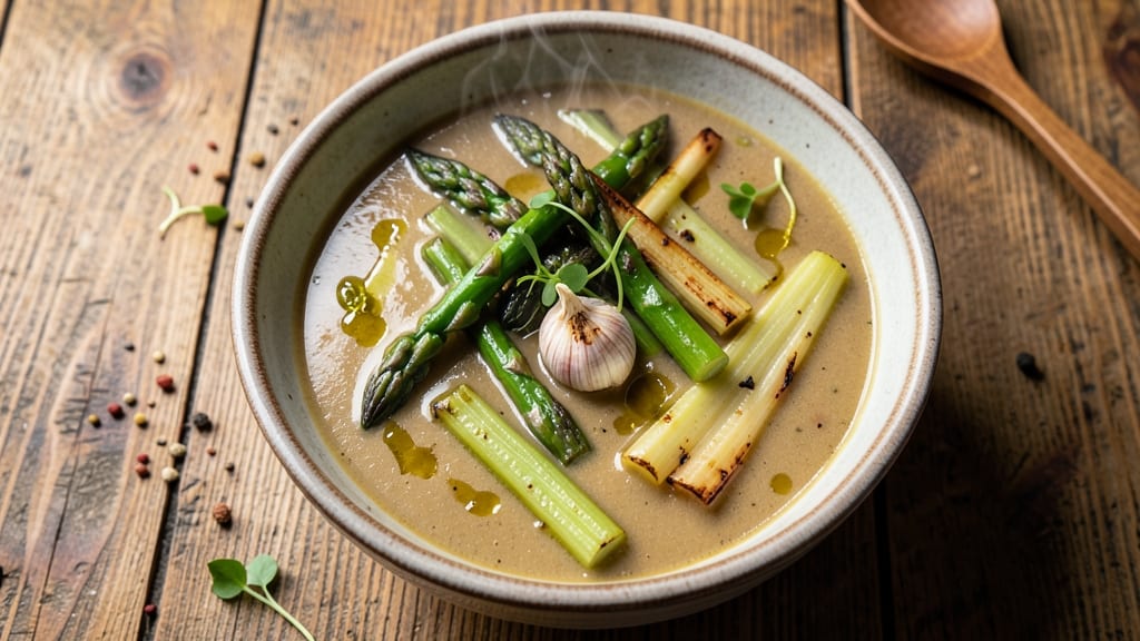 Asparagus Stalk Soup Recipe: Earthy Green Velout With Crispy Celery Crowns
