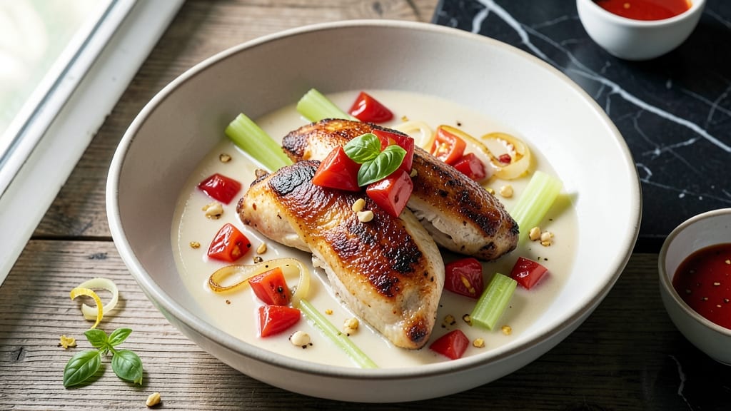 Baked Chicken and Tomato Soup Recipe: Crispy Celery Crowns Over Savory Herb Velout