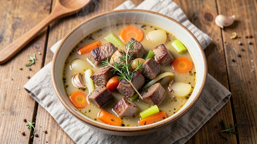 Bill Miller's Vegetable Beef Soup Recipe: Celery Crown Crunch Over Smoky Herb Velout