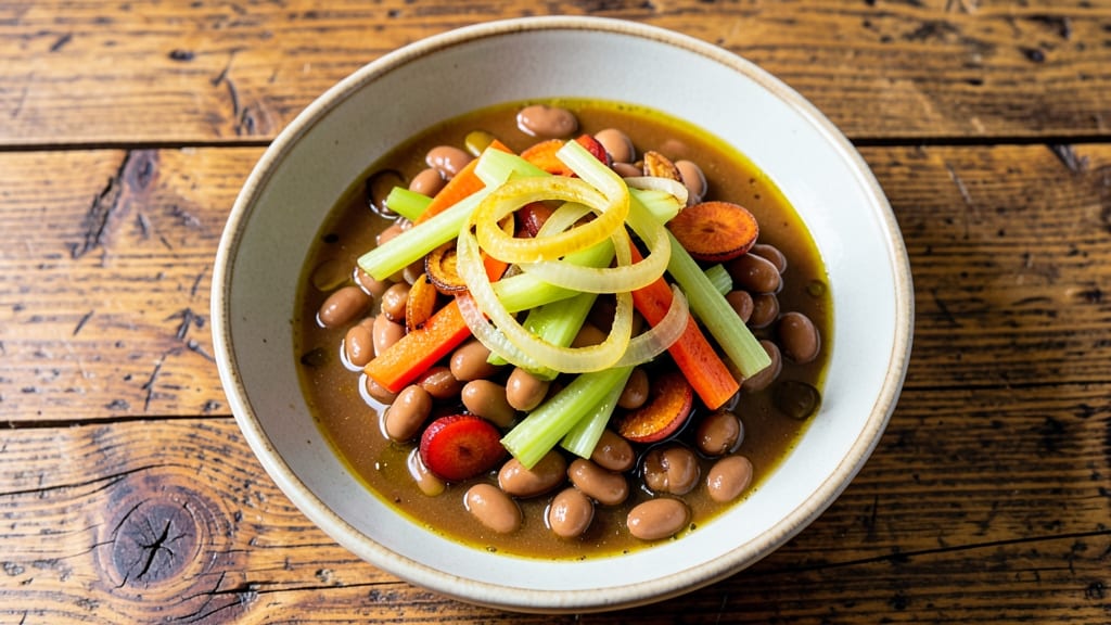 Beanland Soup Mix Recipe: Crispy Celery Crowns Over Creamy Bean Velout