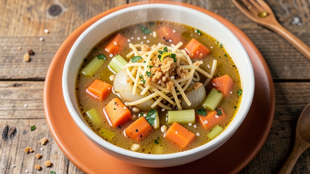 Biaggi's Minestrone Soup Recipe: Celery Crown Crunch Over Hearty Bean Velout
