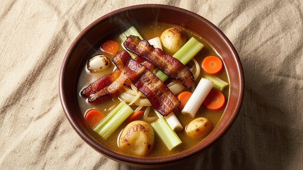 Bacon and Vegetable Soup Recipe: Smoky Bacon Bites Over Silky Herb Broth