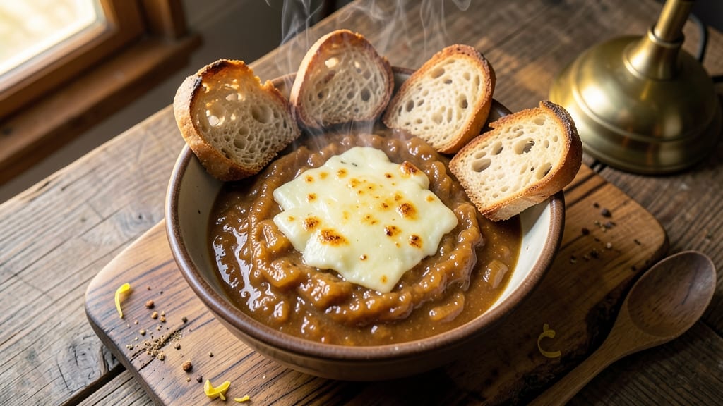 Ale House French Onion Soup Recipe: Crispy Celery Crowns Over Smoky Gruyère Velouté