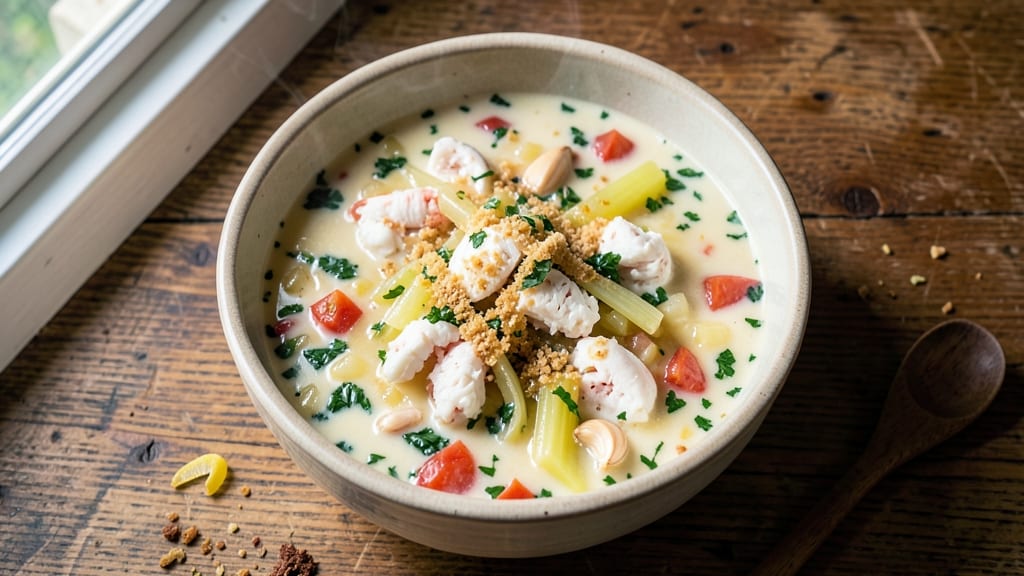 Baltimore Crab Soup Recipe: Old Bay-Spiced Crunch Over Creamy Tomato Velout