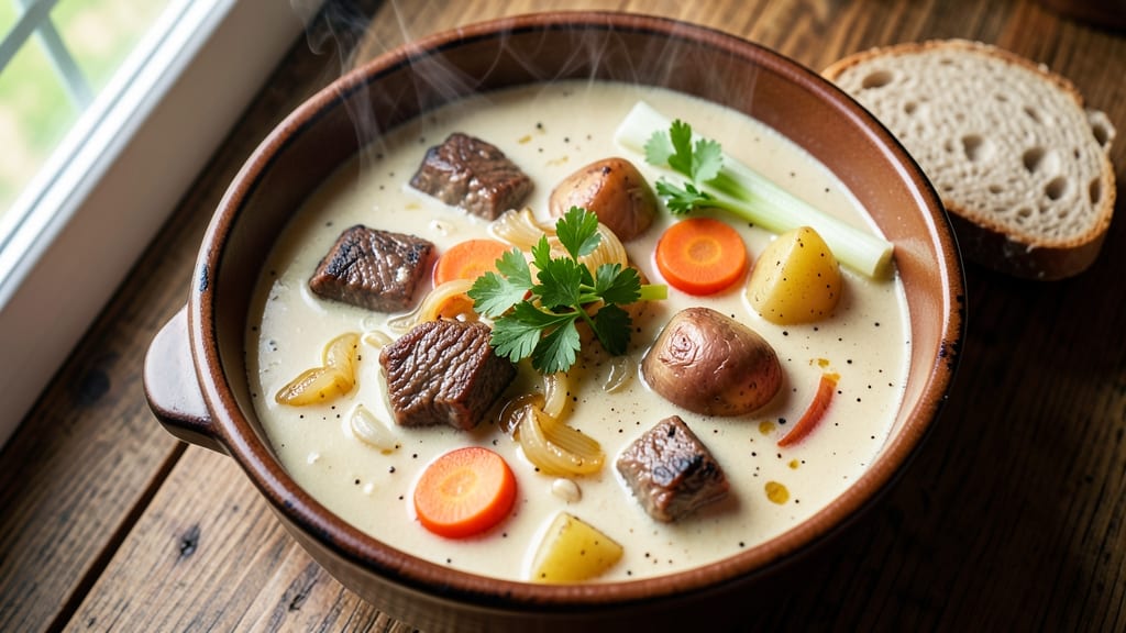 Beefy Potato Soup Recipe: Hearty Beef and Crispy Celery Crown Topping
