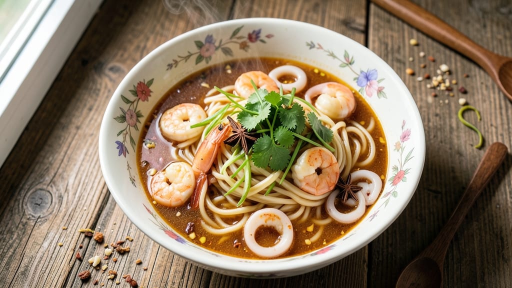 Asian Seafood Noodle Soup Recipe: Star-Anise Infused Broth with Chewy Rice Noodles