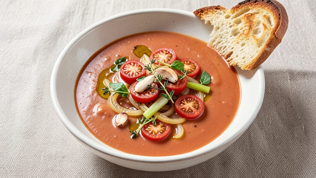 BJ's Tomato Soup Recipe: Celery Crown Crunch Over Smoky Herb Broth
