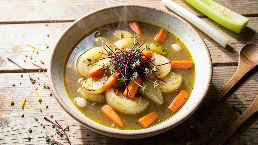 Amy's French Country Soup Recipe: Herb-Infused Velouté With Crispy Celery Crowns