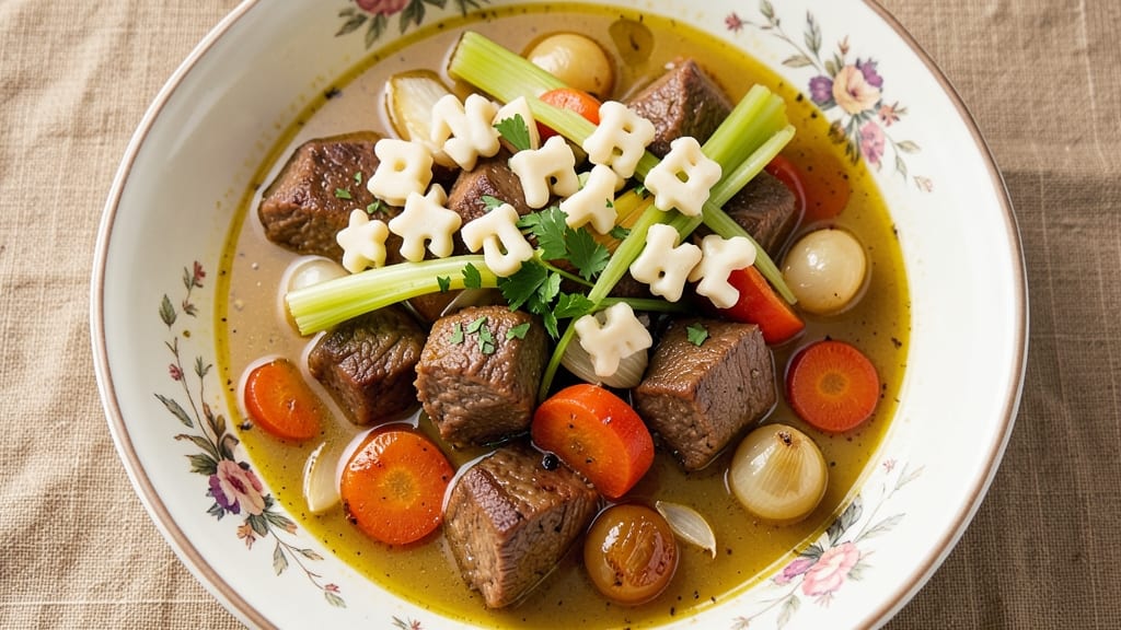 Beef Alphabet Soup Recipe: Crispy Celery Crowns Over Savory Beef Broth