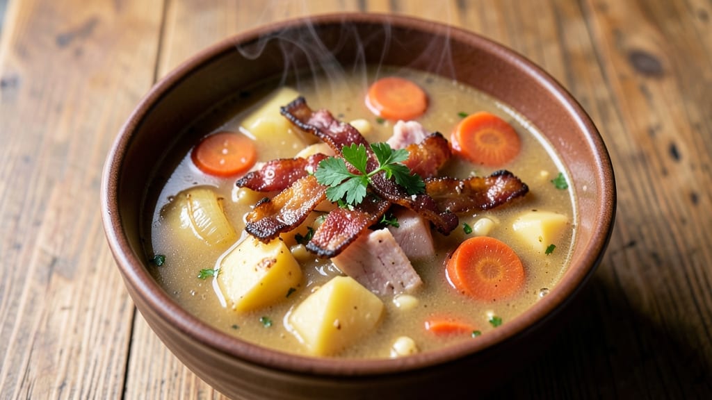 Baked Potato and Ham Soup Recipe: Smoky Bacon Crunch Over Creamy Herb Velout