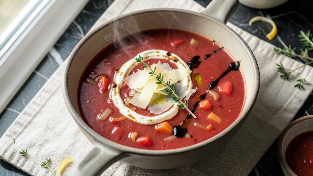 Beecher's Tomato Soup Recipe: Celery Crown Crunch Over Smoky Herb Velout