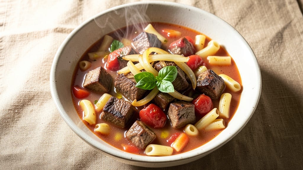 Beef and Tomato Macaroni Soup Recipe: One-Pot Heartiness With Chewy Noodles