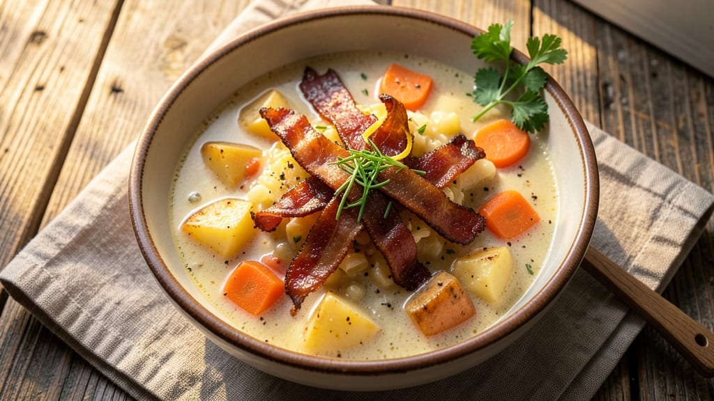 Bacon Chowder Soup Recipe: Smoky Bacon Bites Over Creamy Herb Velout