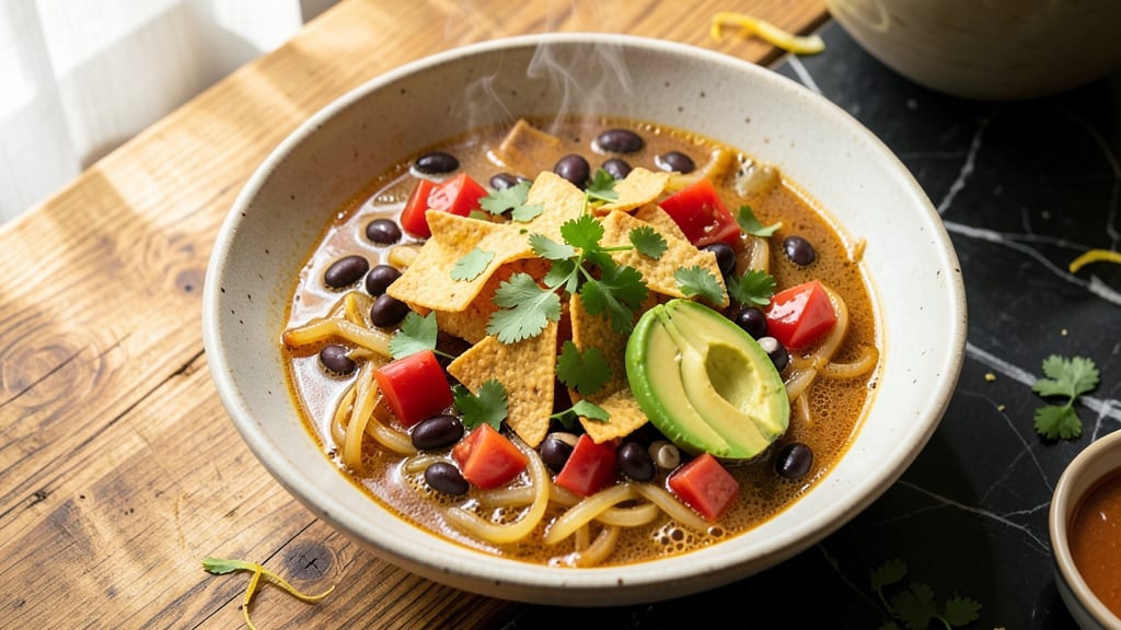 5 Star Tortilla Soup Recipe: Crispy Celery Crowns Over Smoky Black Bean Velout