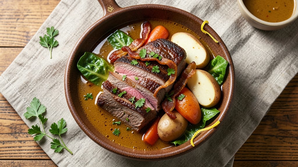 Beef Rosa Marina Soup Recipe: Smoky Bacon and Celery Crown Crunch Over Creamy Herb Velouté