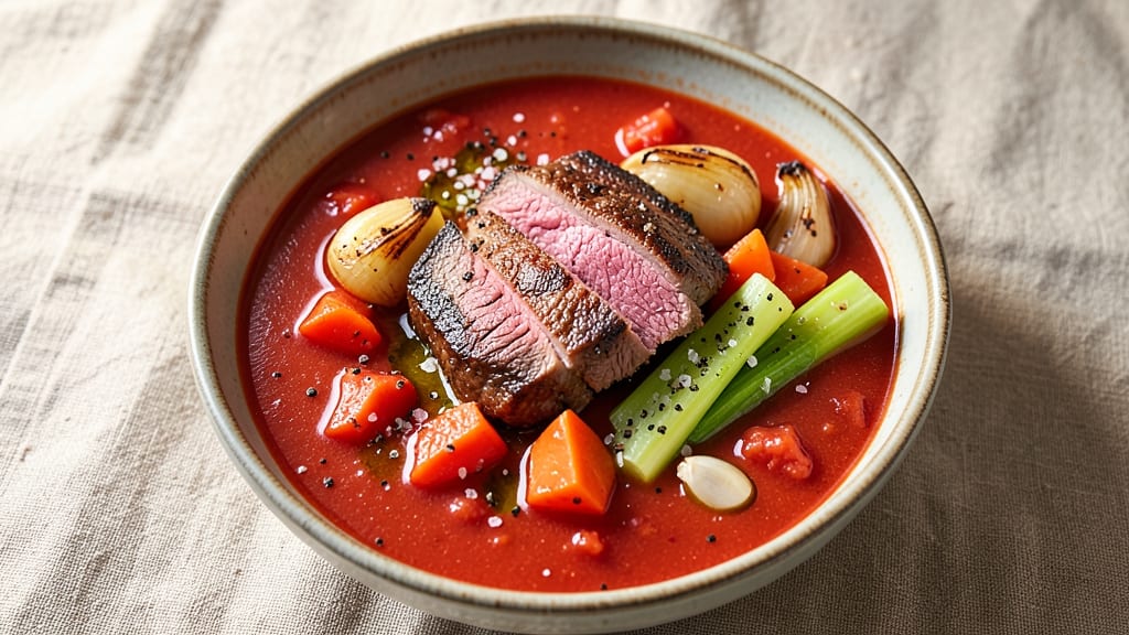 Beefsteak Tomato Soup Recipe: Meaty Tomato Velout with Celery Crown Crunch