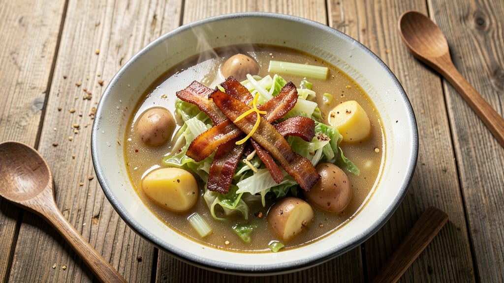 Bacon Cabbage and Potato Soup Recipe: Smoky Bacon Crunch Over Creamy Root Velout