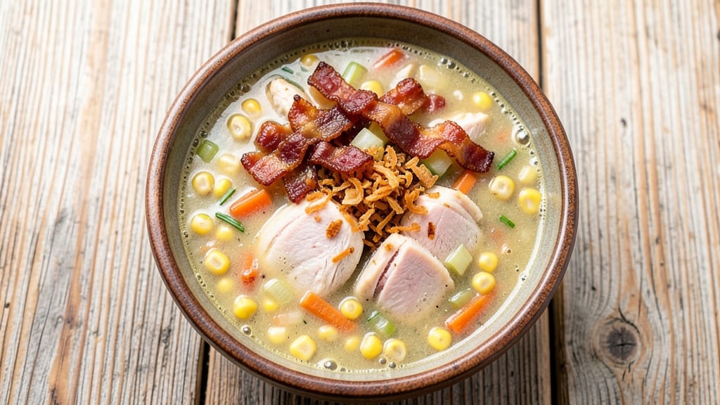 Amish Chicken Corn Chowder Soup Recipe: Smoky Bacon and Celery Crown Crunch Topping