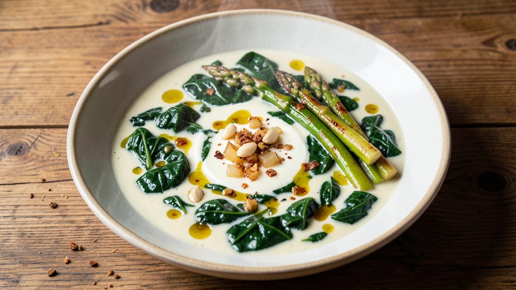 Asparagus and Spinach Soup Recipe: Bright Green Velouté With Earthy Herb Crunch