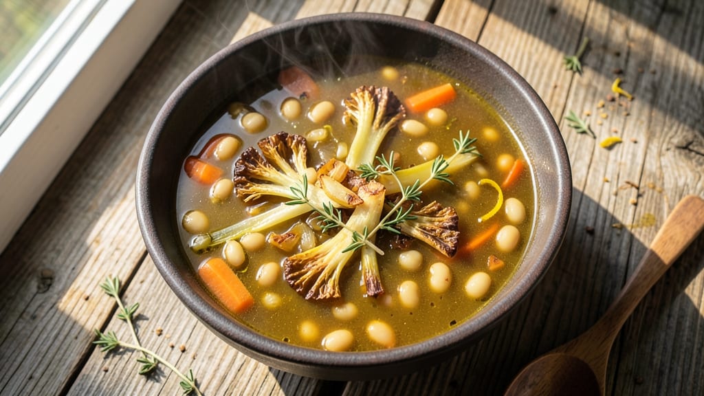 Beanland Soup Recipe: Celery Crown Crunch Over Smoky Herb Velouté