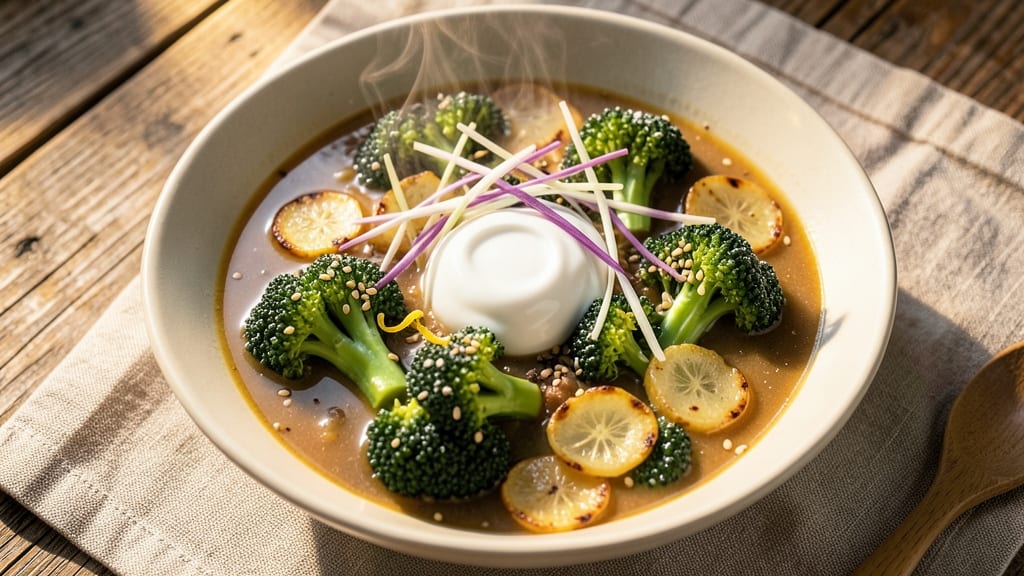 Asian Broccoli Soup Recipe: Silky Miso-Ginger Broth with Crispy Celery Crowns