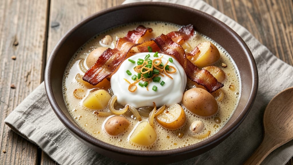 Beer Potato Soup Recipe: Crispy Bacon Topping on Creamy Malty Base