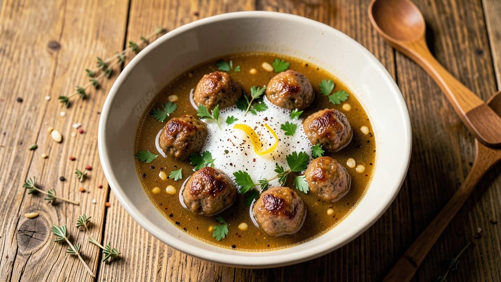Beef Ball Soup Recipe: Herb-Infused Velouté With Crispy Celery Crowns