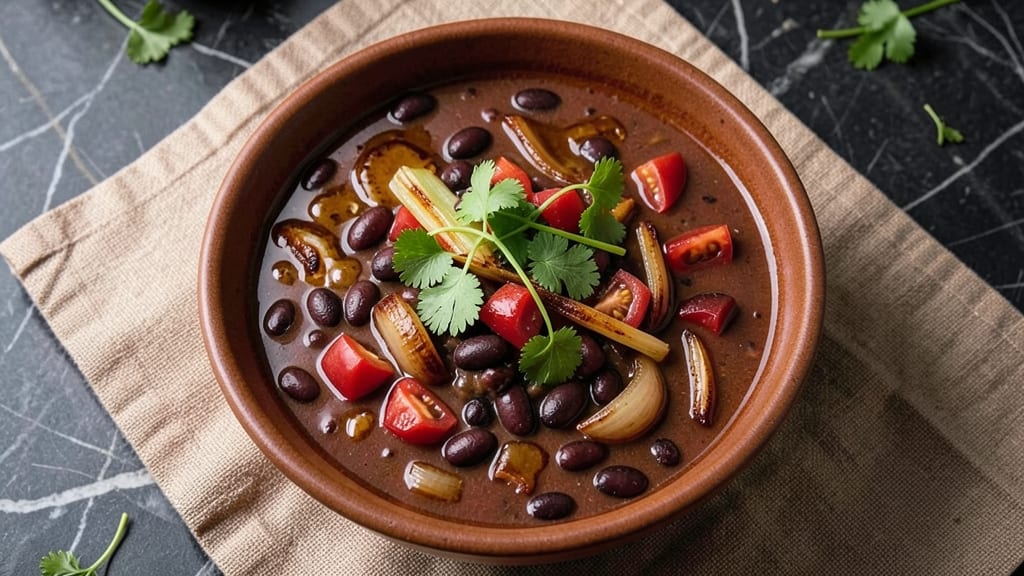 Black Bean Chili Soup Recipe: Deep Umami Flavor with Crispy Celery Crown Topping