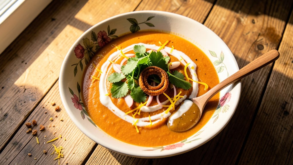 Asian Pumpkin Soup Recipe: Spiced Coconut Silk With Crispy Celery Topping