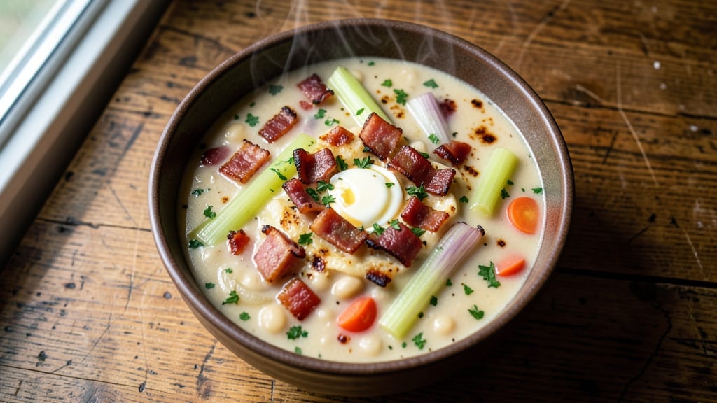 Bean Chowder Soup Recipe: Smoky Bacon and Celery Crown Crunch Over Creamy Herb Velout