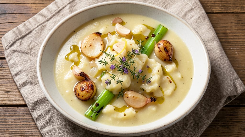 Aubrey's Potato Soup Recipe: Velvety Herb Velout With Crispy Celery Crowns