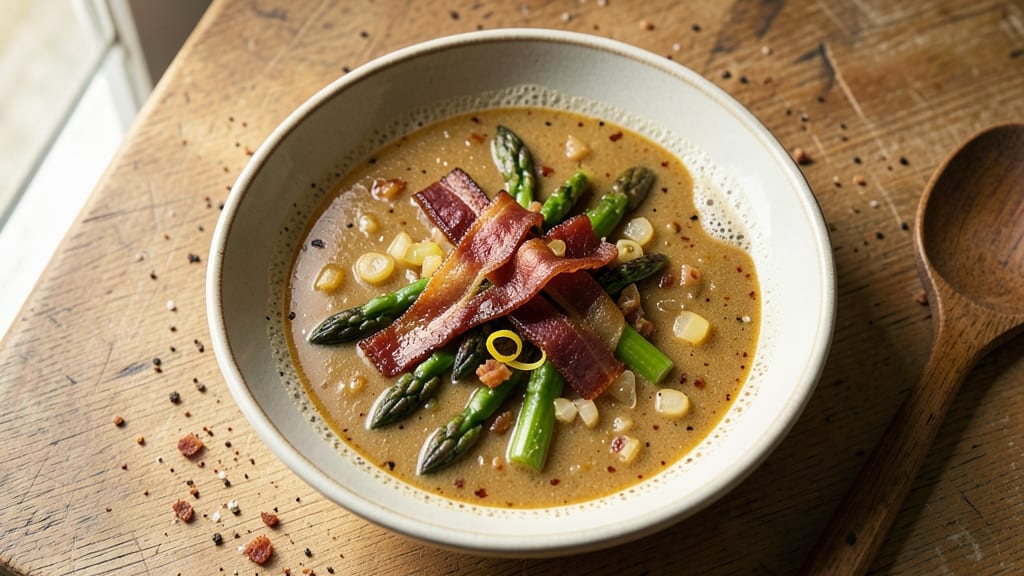 Asparagus Bacon Soup Recipe: Smoky Bacon Crunch Over Creamy Herb Velout