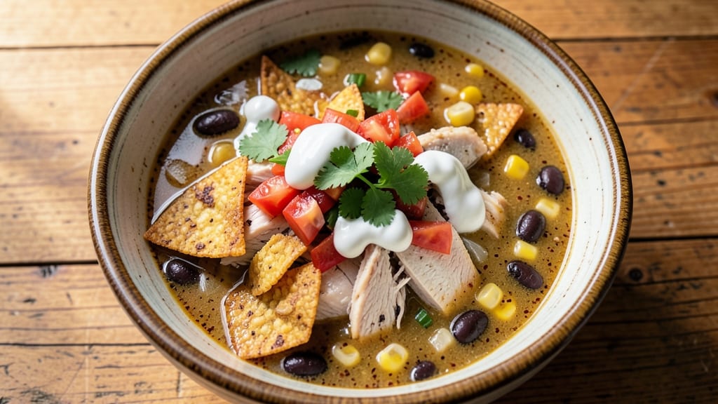 Authentic Tortilla Soup Recipe from Scratch: Crispy Corn Toppings and Smoky Avocado Cream