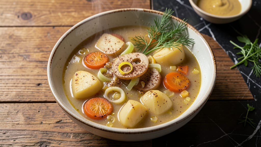 Austrian Potato Soup Recipe: Crispy Celery Crowns Over Smoky Paprika Velout