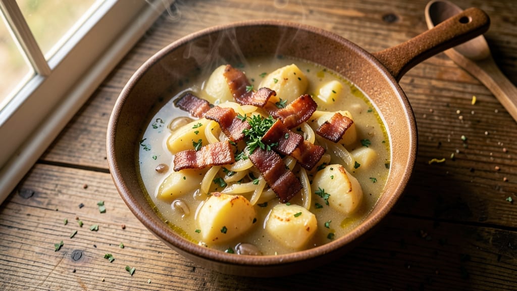 Baked Potato and Bacon Soup Recipe: Smoky Bacon Crunch Over Velvety Potato Cream