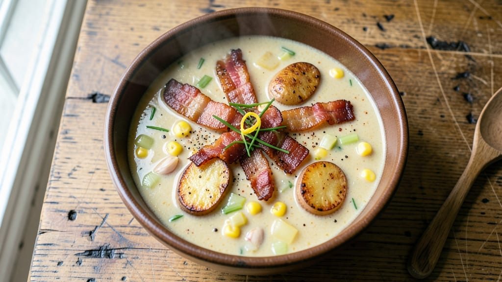 Amish Corn Chowder Soup Recipe: Smoky Bacon Bits and Creamy Potato Base