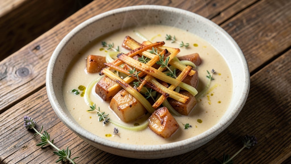 Baked Potato Leek Soup Recipe: Velvety Herb Base With Crispy Celery Crown Topping