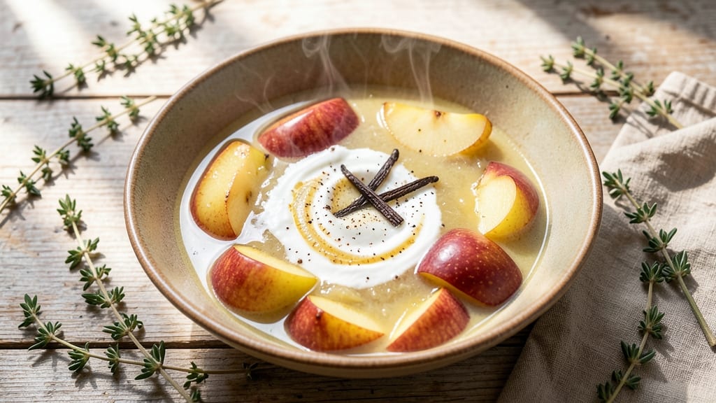 Apple And Pear Soup Recipe: Spiced Vanilla Bean Swirl With Crispy Topping