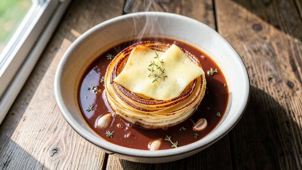 Andy Cooks French Onion Soup Recipe: Crispy Gruyère Crowns Over Herbed Broth