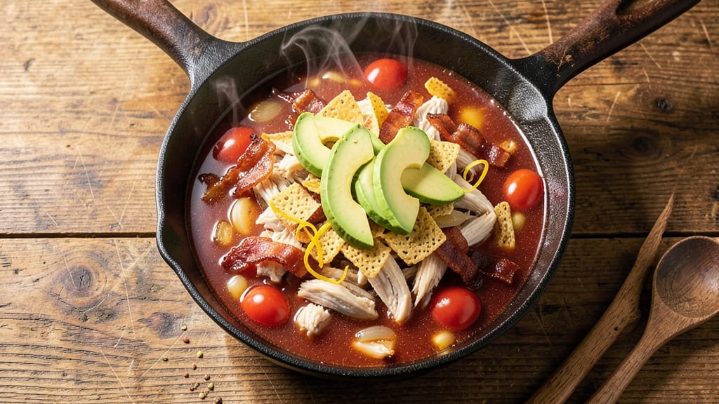 Abuelos Chicken Tortilla Soup Recipe: Shredded Chicken and Tortilla Crunch in Tomato-Bacon Broth