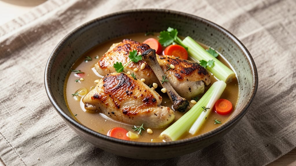 Avila's Chicken Soup Recipe: Celery Crown Crunch Over Smoky Herb Velout